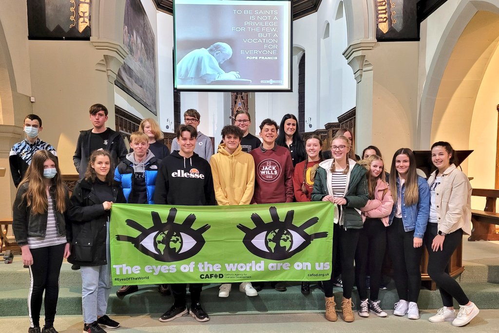 STBChaplaincy's tweet photo. @St_Bedes Yr11 Confirmation Group giving a clear message to our World Leaders "We're Watching!" 
Such incredible witnesses to their Faith   🕊   🕊   🕊   🕊   🕊   🕊   🕊   🕊   🕊 
#EyesoftheWorld #SacramentOfMaturity @CAFODHN @CAFODSchools @bwcet @JPSHCatholic https://t.co/ulZXtcycdc