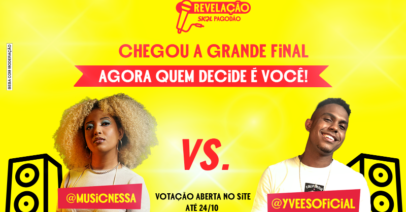 skol's tweet photo. Pra quem tava na curiosidade: Nessa e Yves são os finalistas do meu reality Revelação Skol! 
A votação tá aberta até o dia 24/10 no site https://t.co/2RaJDlGAVk 
#RevelaçãoSkolPagodão #BebaComModeração