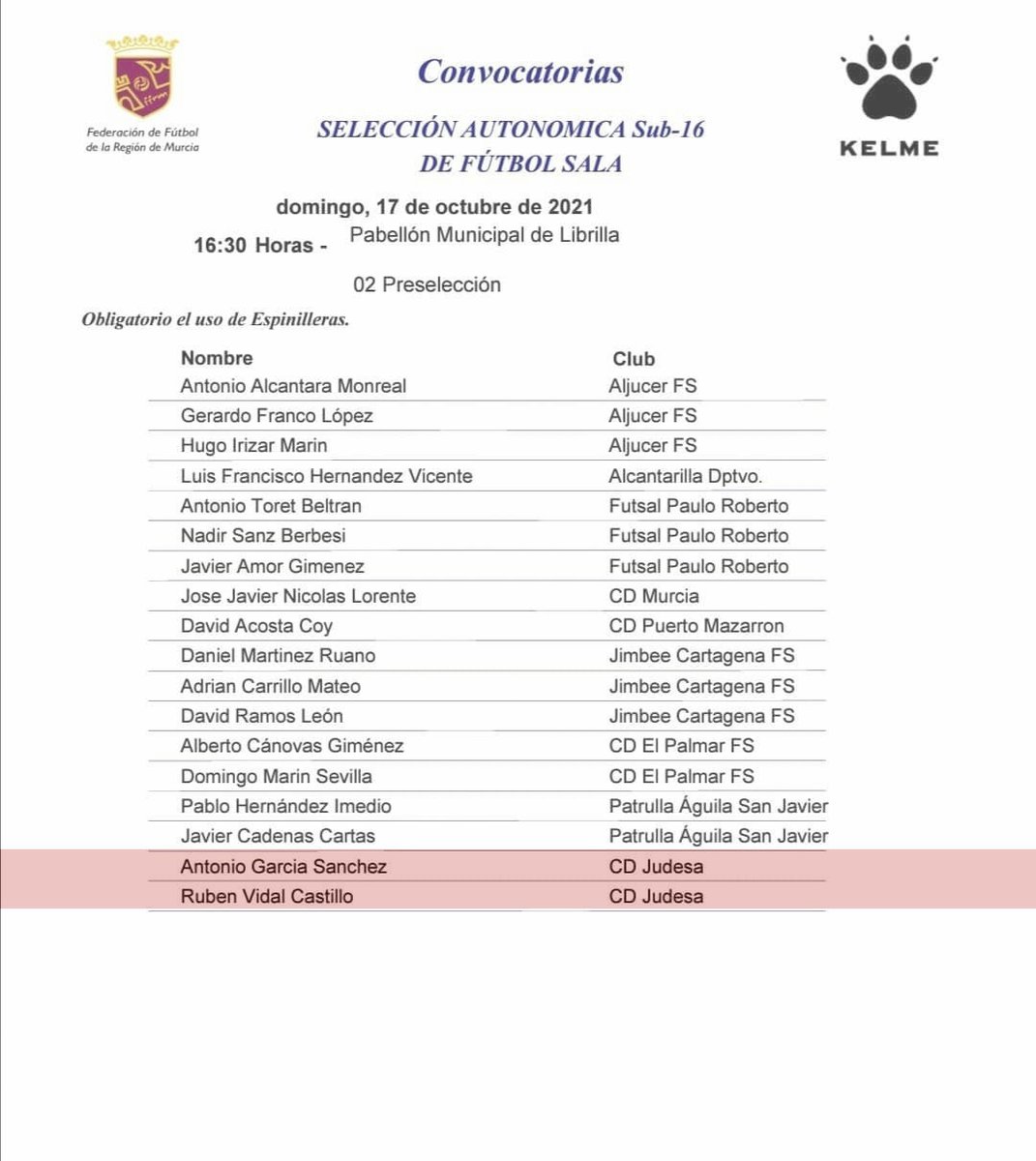 Convocatoria selección autonómica sub 16 
con dos jugadores Judesa molina 
- Antonio García Sanchez
- Rubén Vidal Castillo 
enhorabuena y mucha suerte chicos
#somosjudesa #somosfutsal #somosmolina #ayuntdemolinadesegura