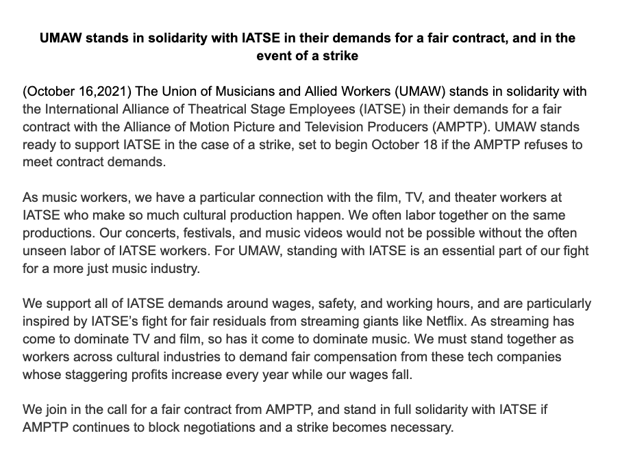 We've been posting our support for <a href="/IATSE/">IATSE // #IASolidarity</a> for weeks now. Here's UMAW full statement of solidarity with IATSE in their demands for a fair contract, and in the event of a strike beginning next week