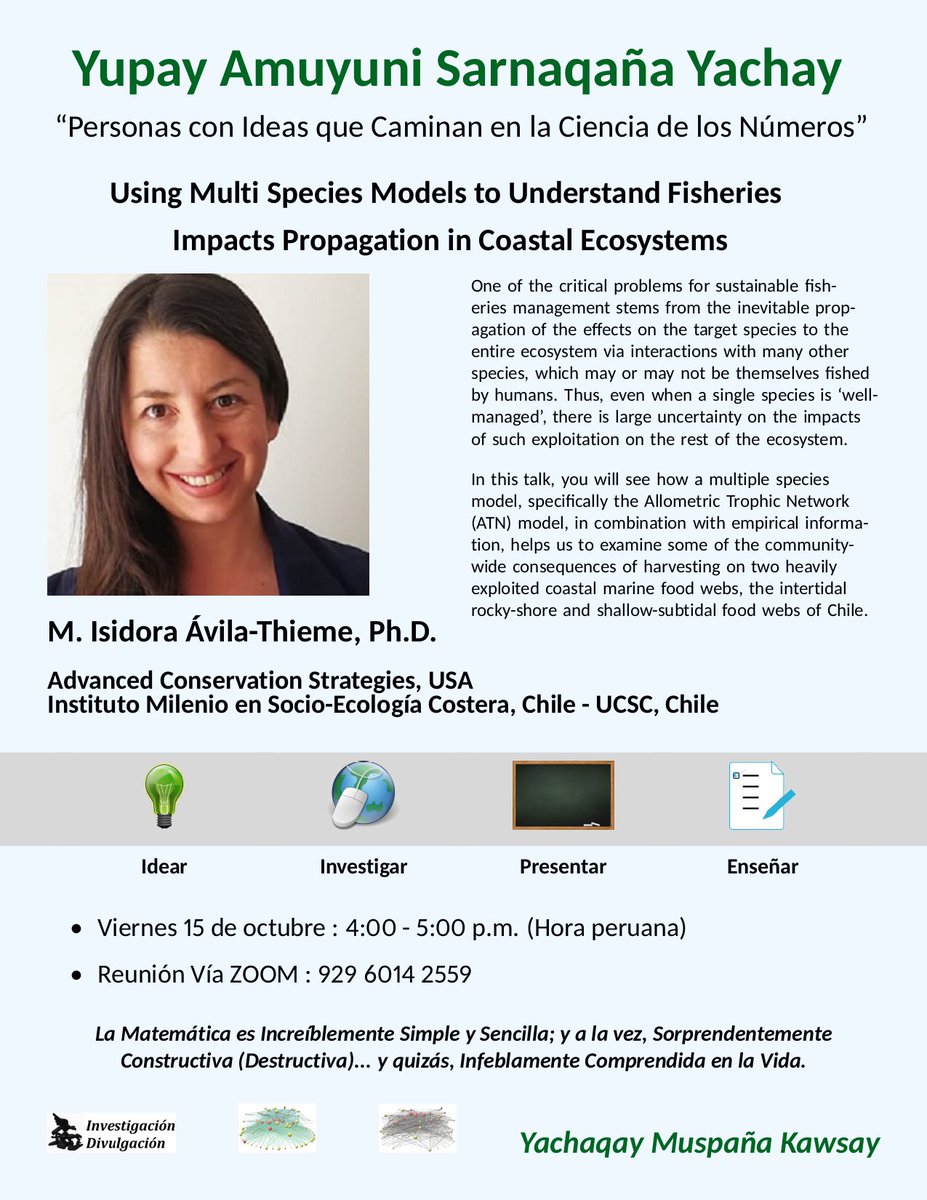 Instituto Milenio SECOS (@mileniosecos) on Twitter photo Hoy a las 18:00📢 <a href="/MI_AvilaThieme/">M. Isidora Ávila-Thieme</a>, investigadora SECOS, <a href="/ACSbuzz/">Advanced Conservation Strategies</a> y académica <a href="/ucscconcepcion/">UCSC Concepción</a>, realizará la charla “Using Multi Species Models to Understand Fisheries Impacts Propagation in Coastal Ecosystems". Organiza Yupai Yachay, proyecto de divulgación científica de Perú 🇵🇪. Hoy a las 18:00📢 <a href="/MI_AvilaThieme/">M. Isidora Ávila-Thieme</a>, investigadora SECOS, <a href="/ACSbuzz/">Advanced Conservation Strategies</a> y académica <a href="/ucscconcepcion/">UCSC Concepción</a>, realizará la charla “Using Multi Species Models to Understand Fisheries Impacts Propagation in Coastal Ecosystems". Organiza Yupai Yachay, proyecto de divulgación científica de Perú 🇵🇪.