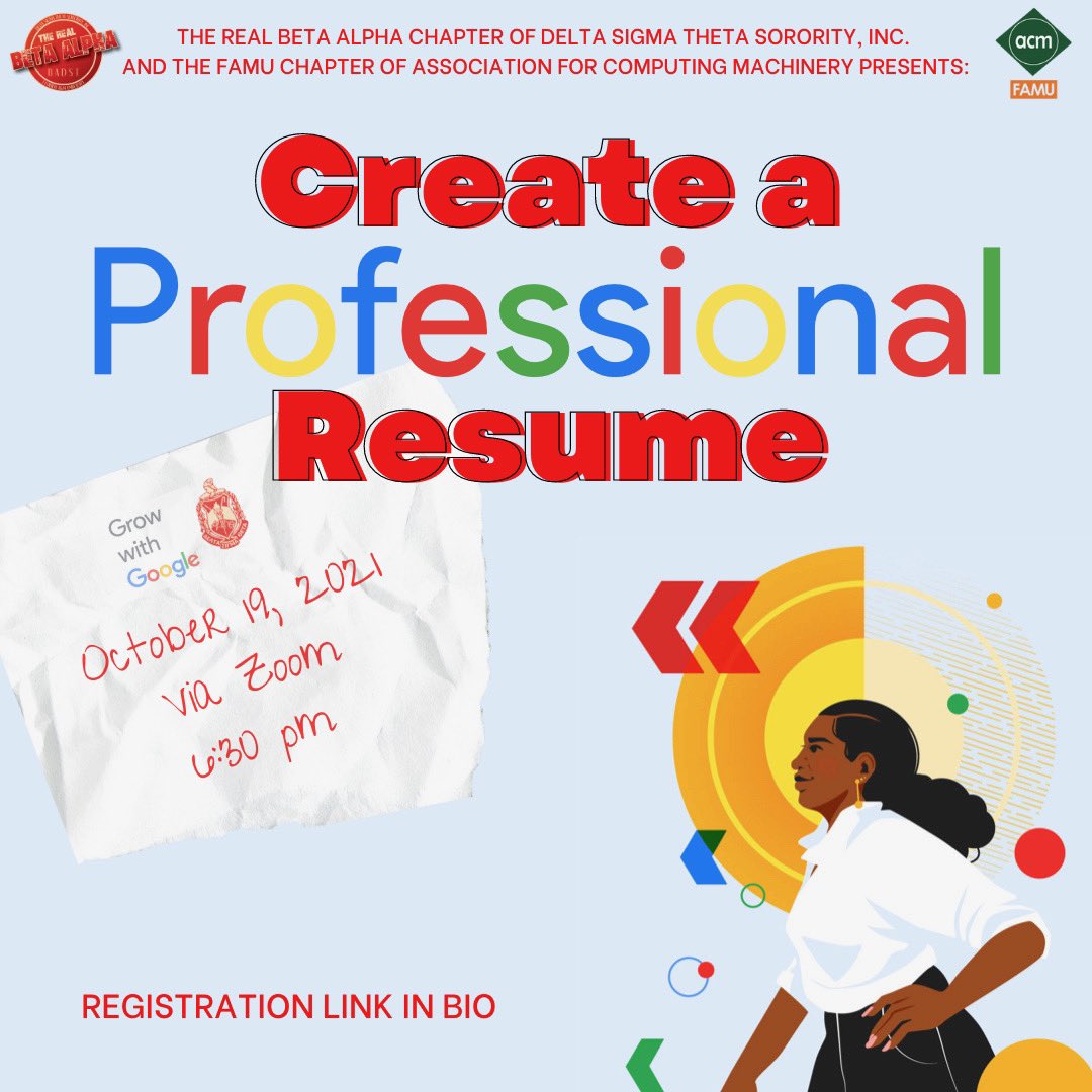Join the REAL Beta Alpha Chapter of Delta Sigma Theta Sorority, Inc. and the FAMU Chapter of Association for Computing Machinery (<a href="/ACMFAMU1/">Association for Computing Machinery @ FAMU</a>) to help you create or improve your perfect professional resume. 💻📄