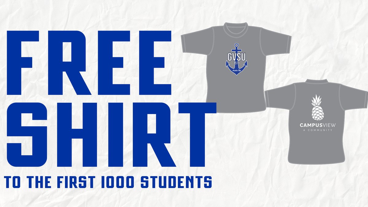 GVSU SPORTS MARKETING (@gvsusports) on Twitter photo FREE t-shirts tomorrow night as <a href="/gvsufootball/">GVSU Football</a> takes on Ferris State, to the first 1000 students courtesy of <a href="/CampusView_GVSU/">Campus View Housing</a>! Gates open at 5:30pm
Arrive early students, and help us #BeatFerris FREE t-shirts tomorrow night as <a href="/gvsufootball/">GVSU Football</a> takes on Ferris State, to the first 1000 students courtesy of <a href="/CampusView_GVSU/">Campus View Housing</a>! Gates open at 5:30pm
Arrive early students, and help us #BeatFerris