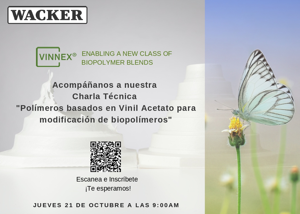 AMEE te invita a la charla técnica de su empresa asociada WACKER. Este 21 de octubre a las 9 am (CST), donde hablarán de su portafolio de productos VINNEX® empleados para la modificación de Biopolímeros #Wacker #Biopolymers #Sustainability
Escanea el código QR para registrarte