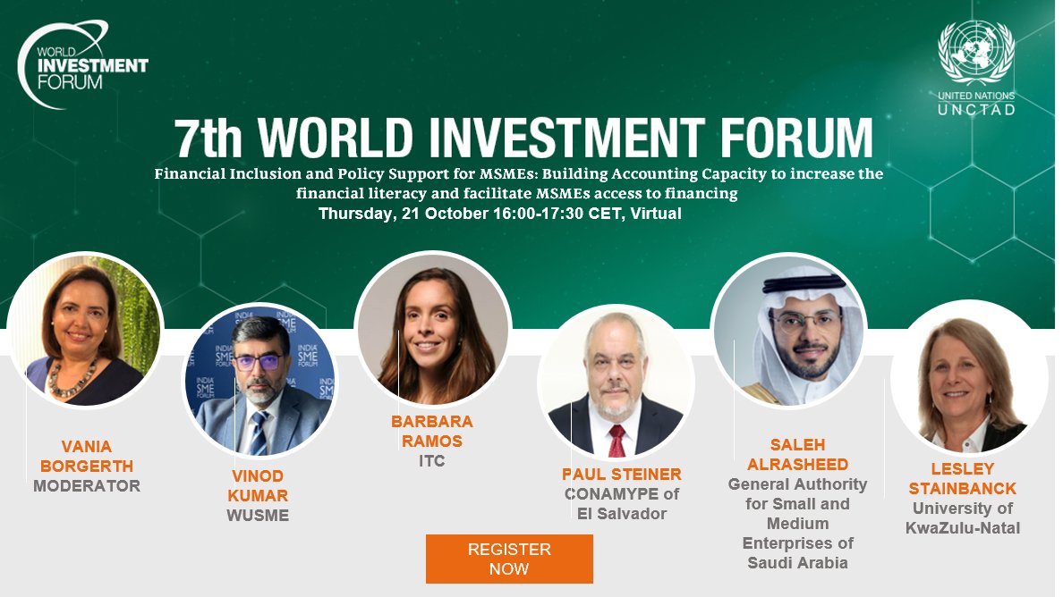 UNCTAD ISAR (@unctad_isar) on Twitter photo Join us on Thursday 21, 16:00 CET <a href="/unctad/">UN Trade and Development</a> #WIF2021 for the event on Financial inclusion and MSMEs. Panelists will discuss the importance of accounting and reporting tools and capacity building to improve MSMEs access to financing.
Register now! ↪ worldinvestmentforum.unctad.org/session/financ… Join us on Thursday 21, 16:00 CET <a href="/unctad/">UN Trade and Development</a> #WIF2021 for the event on Financial inclusion and MSMEs. Panelists will discuss the importance of accounting and reporting tools and capacity building to improve MSMEs access to financing.
Register now! ↪ worldinvestmentforum.unctad.org/session/financ…