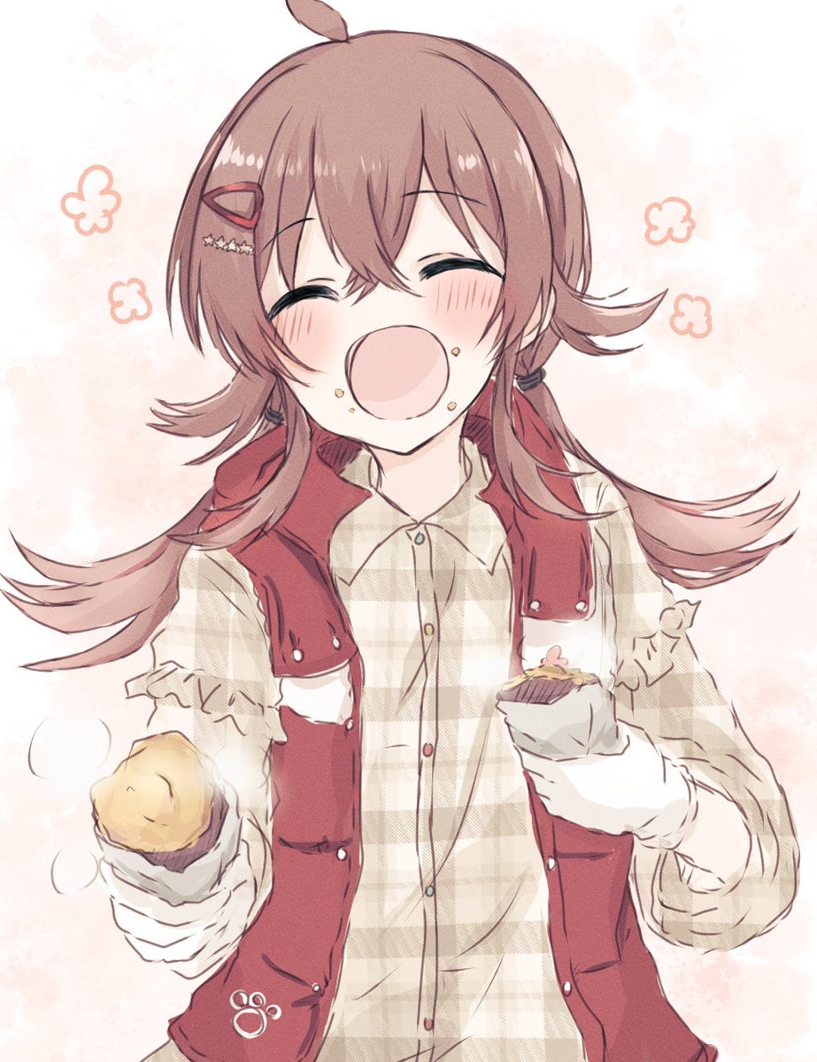 komiya kaho 1girl solo food closed eyes sweet potato hair ornament ahoge  illustration images