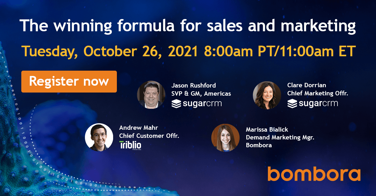 SugarCRM's tweet photo. You can now leverage data from @Triblio and @Bomboradata directly within the #SugarCRM platform to assure #NoRoadblocks, #NoBusyWork, #NoBlindSpots that keep marketing and sales teams from increasing revenue Join us on October 26 to see how: https://t.co/IOk9DD5BqX https://t.co/3ShPBwfZ1K