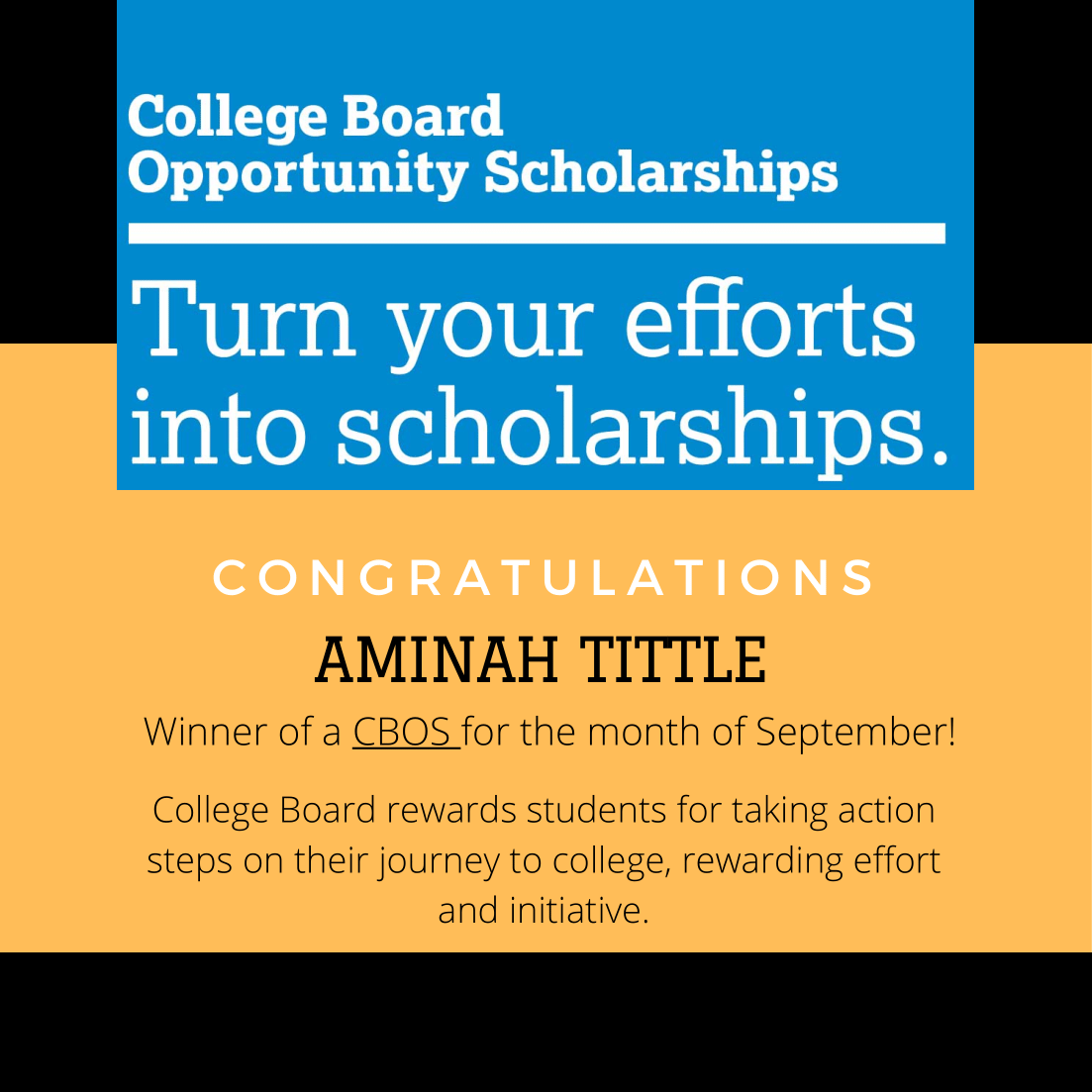 Congratulations to Aminah Tittle from @CareerFb for winning The College Board Opportunity Scholarship for the month of September🎉🎉