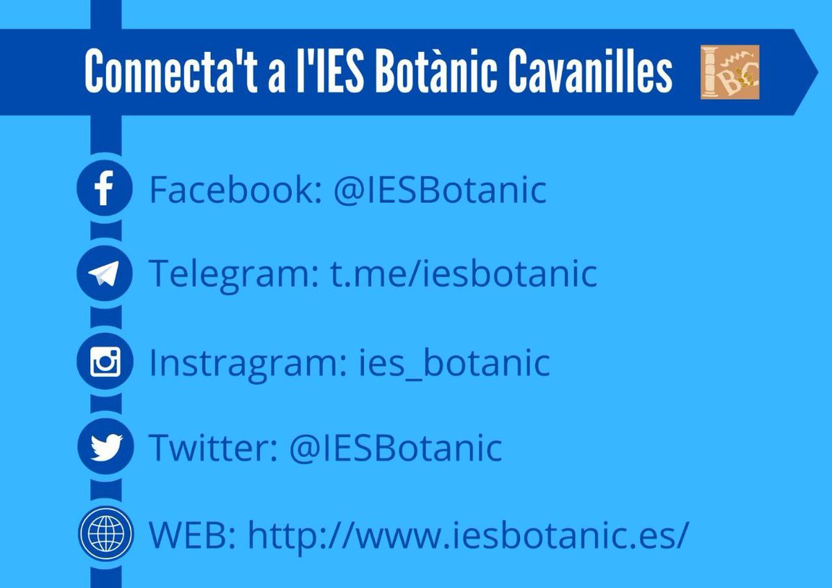 📲 Connecta't a l'IES Botànic Cavanilles

👉🏻 Facebook: facebook.com/IESBotanic

👉🏻 Telegram: t.me/iesbotanic

👉🏻 Instagram: instagram.com/ies_botanic

👉🏻 Twitter: x.com/IESBotanic

👉🏻 Web: iesbotanic.es