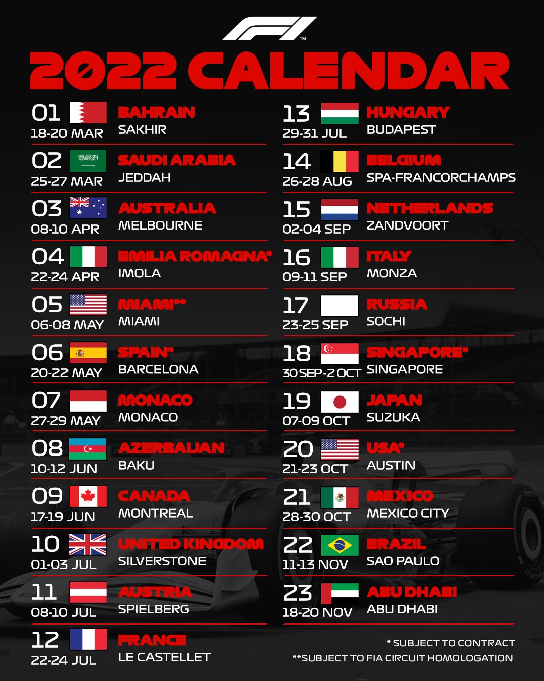 Lurk Sophisticated irregular Twitter 上的Formula 1："The 2022 #F1 calendar is here! 🙌 A record-breaking 23  races 🏅 A brand new grand prix in Miami 💜 Australia, Canada, Singapore  and Japan all return 👌 https://t.co/khq5lAF1IR" /