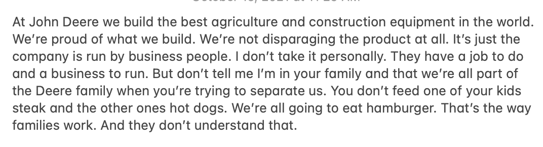 jamieson's tweet photo. A John Deere worker in Waterloo explains why workers are so determined to eliminate the two-tier compensation system that was instituted in 1997, giving new hires lesser benefits: https://t.co/YtCPPuRg9X