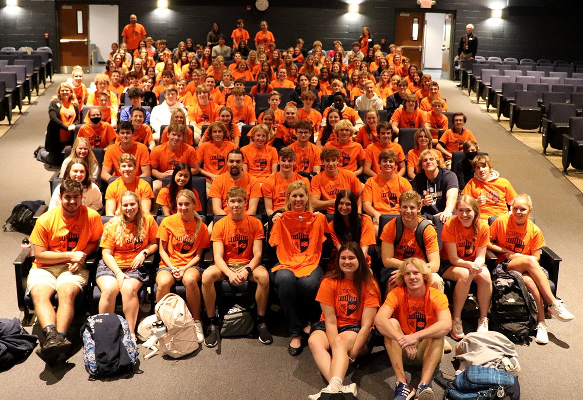 StDominicHS's tweet photo. This morning @SDHSCaritas  welcomed the Hunte family into their community. Six-year-old Ty is currently in treatment for acute lymphoblastic leukemia at St. Jude's. The house presented him with a Caritas T-shirt. Orange is his favorite color!  St. Jude, St. Dominic, pray for us! https://t.co/k7esafcqrQ