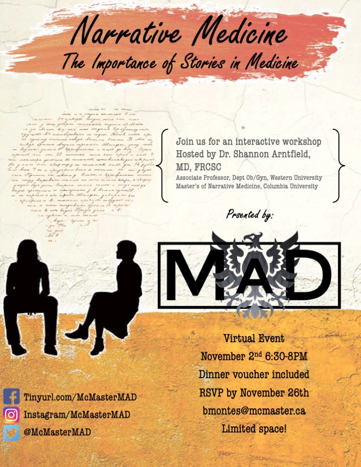 McMaster MAD (@mcmastermad) on Twitter photo Mini MAD event alert! Please join us virtually on November 2nd 6:30-8pm for an interactive workshop on narrative medicine, bridging the gap between patients and physicians, hosted by Dr. Shannon Arntfield! RSVP to bmontes@mcmaster.ca by Tuesday, November 26th Mini MAD event alert! Please join us virtually on November 2nd 6:30-8pm for an interactive workshop on narrative medicine, bridging the gap between patients and physicians, hosted by Dr. Shannon Arntfield! RSVP to bmontes@mcmaster.ca by Tuesday, November 26th