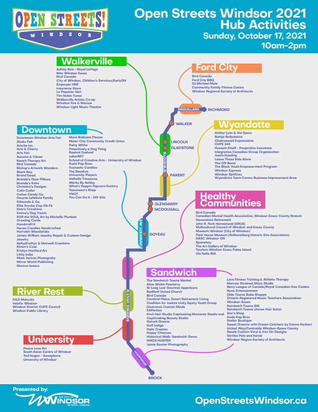 Open Streets Windsor 2021 happens on Sunday, October 17th.  Come walk, bike, skate, run, wheel, dance, and enjoy some of the many activities highlighted on our Activity Hub Map.  Learn more at openstreetswindsor.ca  #YQG #DiscoverTheStreets