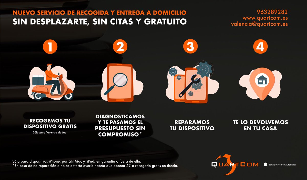QuartCom's tweet photo. Te presentamos nuestro nuevo servicio de Recogida y Entrega  Gratuita en la ciudad de Valencia para iPhones y Portátiles  Apple🛵📱💻
Sin moverte de casa, sin citas y con la garantía de un Servicio Autorizado Apple.
☎️963289282
📩valencia@quartcom.es 
👩‍💻 https://t.co/XGf2FtsjCu https://t.co/Z6wGWFih3A
