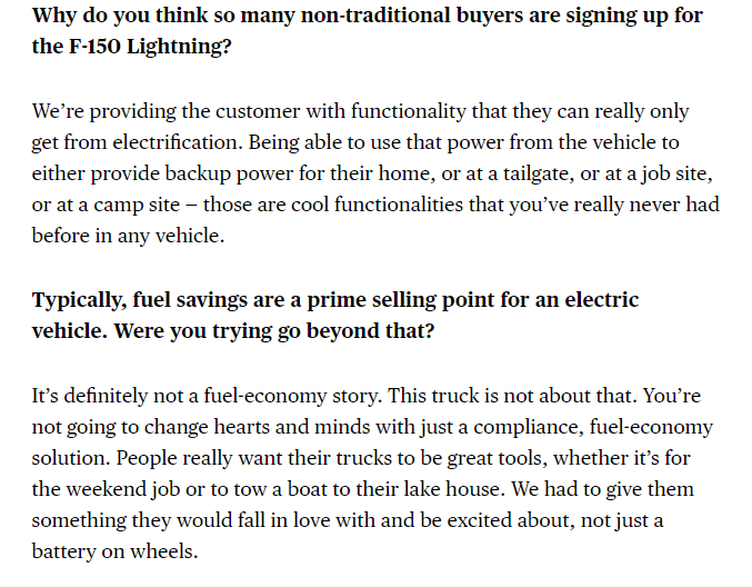 sarahhalzack's tweet photo. Really interesting Q&amp;A by @KeithNaughton w/ the chief engineer on the electric Ford F-150. What she says here seems like the whole ballgame for EV market in the U.S.:  https://t.co/e7ykn7tMoN https://t.co/JmGfLfbzu0