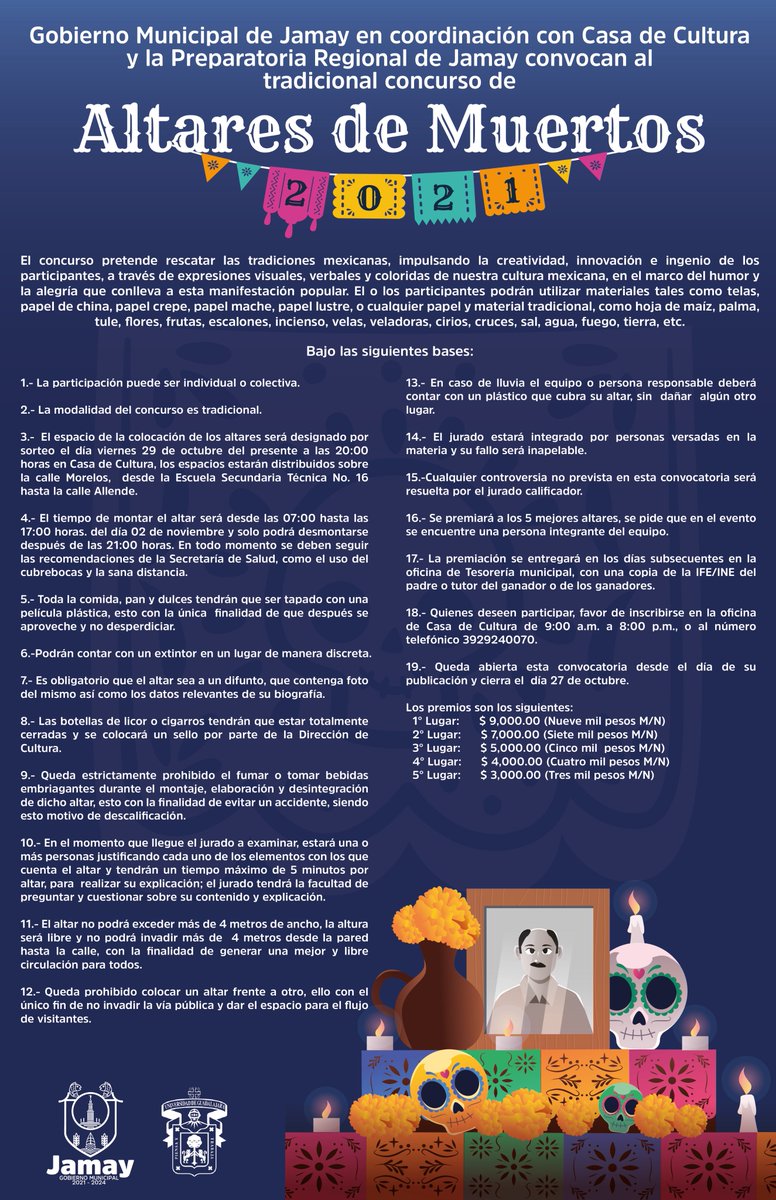 GobJamay's tweet photo. Nuestra festividad de #DíadeMuertos, es un sello mexicano ¡Único en el mundo!

Coordinados con la Preparatoria Reg. de Jamay, realizaremos los tradicionales concursos de: Altares de Muertos, Tapetes, Calaveras Literarias y Catrinas y Catrines. 

Revisa las convocatorias. https://t.co/eCnWwAenBp