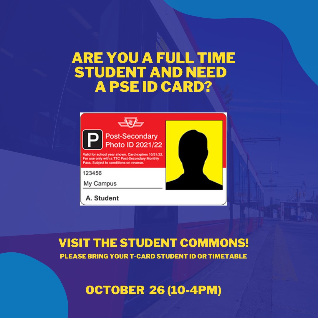 uoftsu's tweet photo. Drop by the Student Commons on Tuesday, October 26 from 10 am - 4 pm to get your TTC Post-Secondary Photo ID Card! These IDs must be shown with your Post-Secondary Student Metropass and you can be fined for using a Student Metropass without the proper student ID card. https://t.co/NY0YF7AHVD