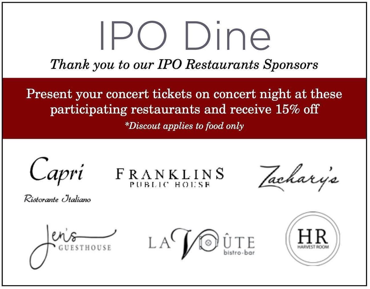 ILPhilharmonic's tweet photo. IPO's Opening Night is THIS SATURDAY so it's time to start making your plans.  Thinking about dinner before the concert?  Visit one of our IPO Dine Partners and you'll receive 15% off the food portion of your bill.  Be sure to RSVP in advance. https://t.co/Mirzb9hqJW