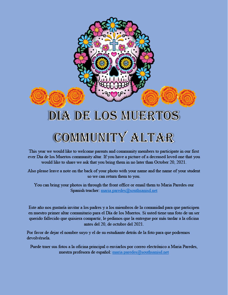 SSAISDShepardMS's tweet photo. Would you like to honor a lost loved one this month? Add their photo to our Día de los Muertos community altar.

Send your photo to our Spanish teacher, Maria Paredes, by October 20th. Be sure to write your name and your student's name on the back so we can return it to you! https://t.co/XpH9U3Gy75