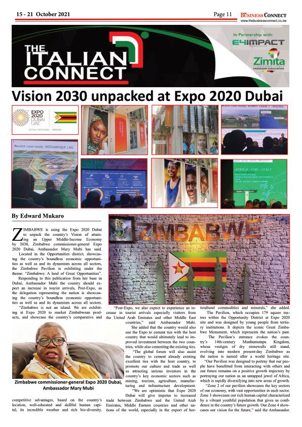 #ZimbabwePavilion2020🇿🇼 #Vision2030 unpacked @expo2020dubai 
📖full article👇
Looking forward to pursuing our collaboration through highlighted opportunities from the visit to @ItalyExpo2020 🇮🇹
#Expo2020 #Dubai #Opportunity #Mobility &amp; #Sustainability 

<a href="/InfoMinZW/">Ministry of Information, Publicity & Broadcasting</a> <a href="/ZimTradeAlerts/">ZimTrade</a>