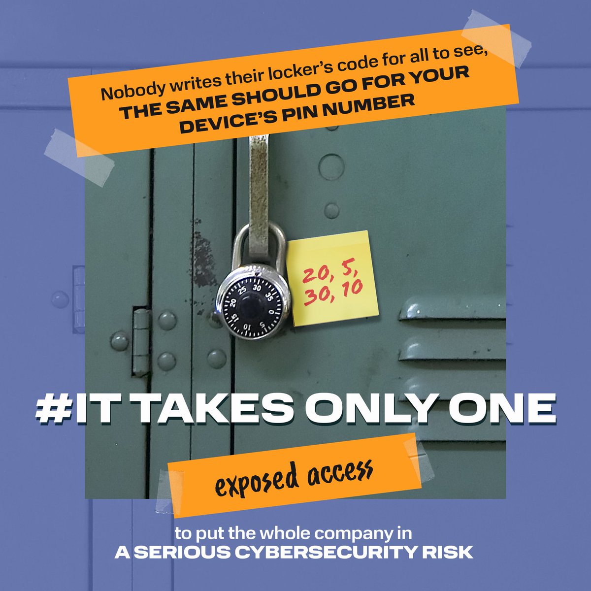 decathlon_tech's tweet photo. Nobody writes their locker’s code for all to see… the same should go for your device’s pin number! 💻🔒 #ItTakesOnlyOne exposed access to put you, or the whole company, in a serious cybersecurity risk! #CyberSecMonth https://t.co/U7aBzIvalu