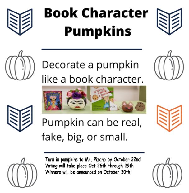 swisd_kre's tweet photo. Participate in the KRE Book Character Pumpkin Contest. All entries are due to the library by October 22nd. See Mr. Pizano for an entry form and more information. https://t.co/8fYrtvmbj9