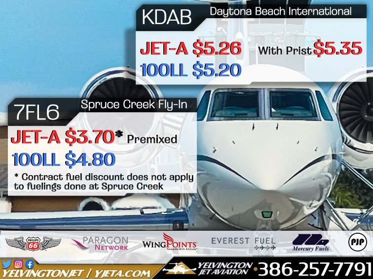 YelvingtonJet's tweet photo. Keep up to date with our latest fuel price. Call us with any questions about fuel contracts and discounts.
•386-257-7791 •https://t.co/9BT9hT4JYs
#yelvingtonjetaviation #jetfuel #avgas #7fl6 #fuelprice #fuelprices #CustomerService #Aviation #kdab #FBO #techstop https://t.co/HkLTRFZlGQ