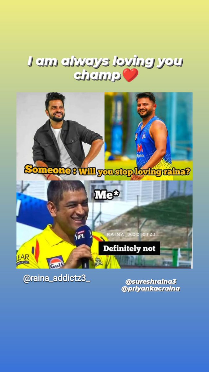 RainaAddictz3's tweet photo. I am always loving you champ ❤️ @ImRaina 
.
.
#rainadhoni 
#chinnathala
#NoRaina https://t.co/ysotfwihoj