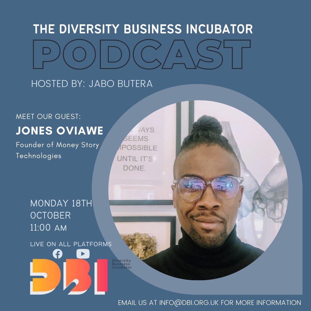 MEET OUR GUEST:👇
Jones Oviawe is the founder of Money Story Technologies; the creators of a financial wellbeing coaching app developed as part of the award-winning Falmouth Launchpad program.
 @MoneyStoryGB

 #TheDBIPodcast #TheDiversityBusinessIncubatorPodcast