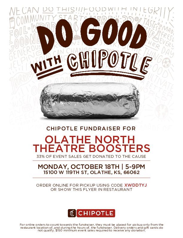 Chipotle Night for ON Theatre Mon, Oct. 18.  Just mention theatre as you check out.  You can also order online or through app just follow the instructions on the form. This is at the 119th street Chipotle!
#ONTHTRE2122 #FoodforFundraiser