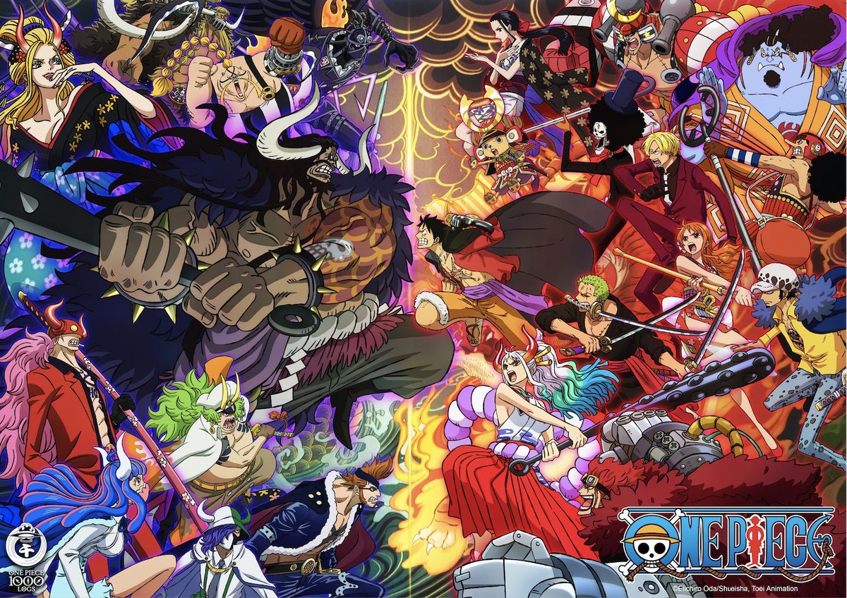 ToeiAnimation's tweet photo. New commemorative visual for the 1000th episode of ONE PIECE revealed. Depicting the battle between the Straw Hats, Yamato, and the Beasts Pirates! 

The 1000th episode will be on simulcast streaming this November 20th!
#OnePiece1000LOGS #OnePiece1000 #OnePiece https://t.co/RjTSxHQgLx