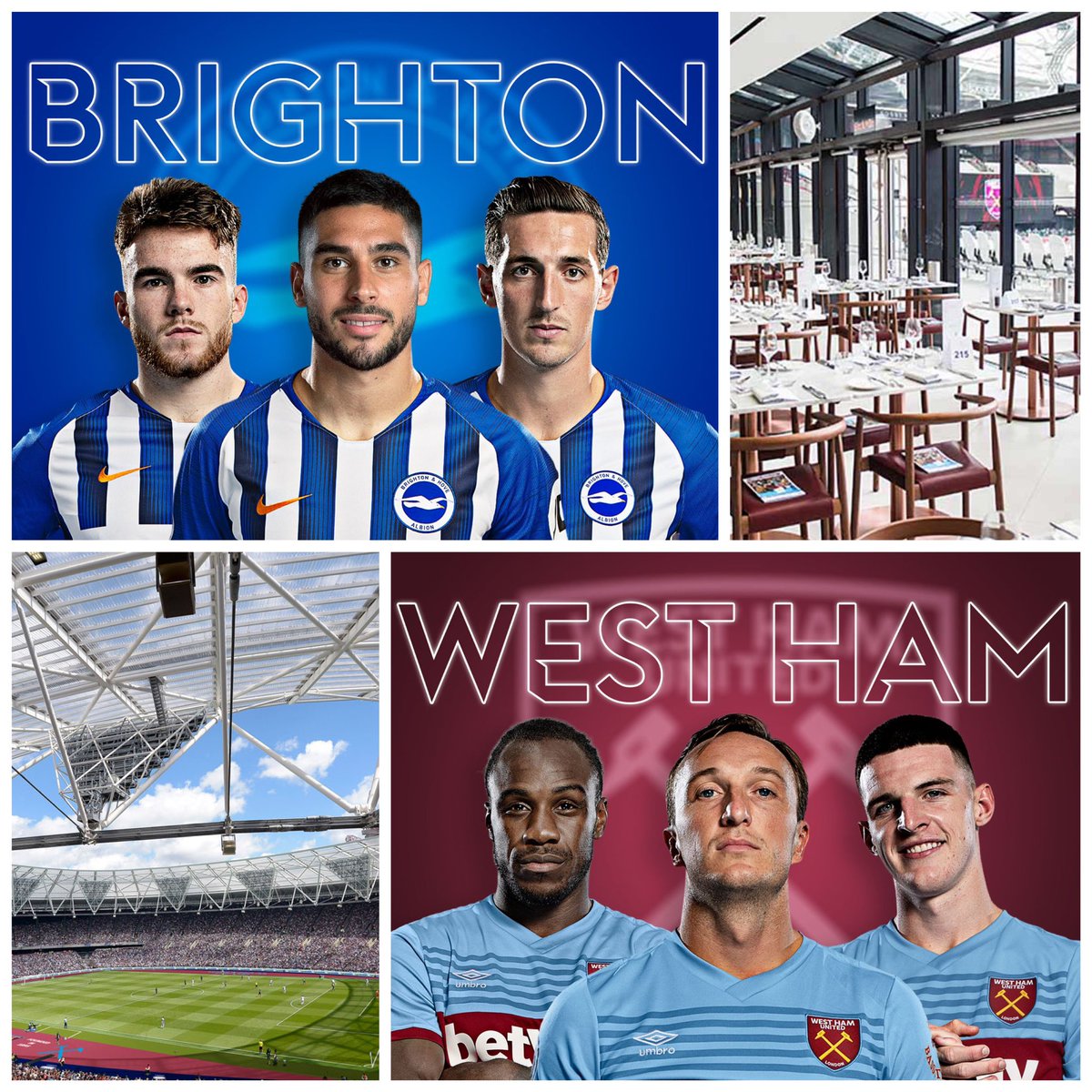 ⚽️⚽️⚽️⚽️Win Win Win ⚽️⚽️⚽️⚽️

Four tickets for <a href="/WestHam/">West Ham United</a> v <a href="/OfficialBHAFC/">Brighton & Hove Albion</a> on 30th Nov , At the Olympic stadium 

At the Arnold Hills restaurant
including all food and drink. Table available 2hrs before kick off, seats in executive area,

Raffle £5 a ticket 
How to buy in comments