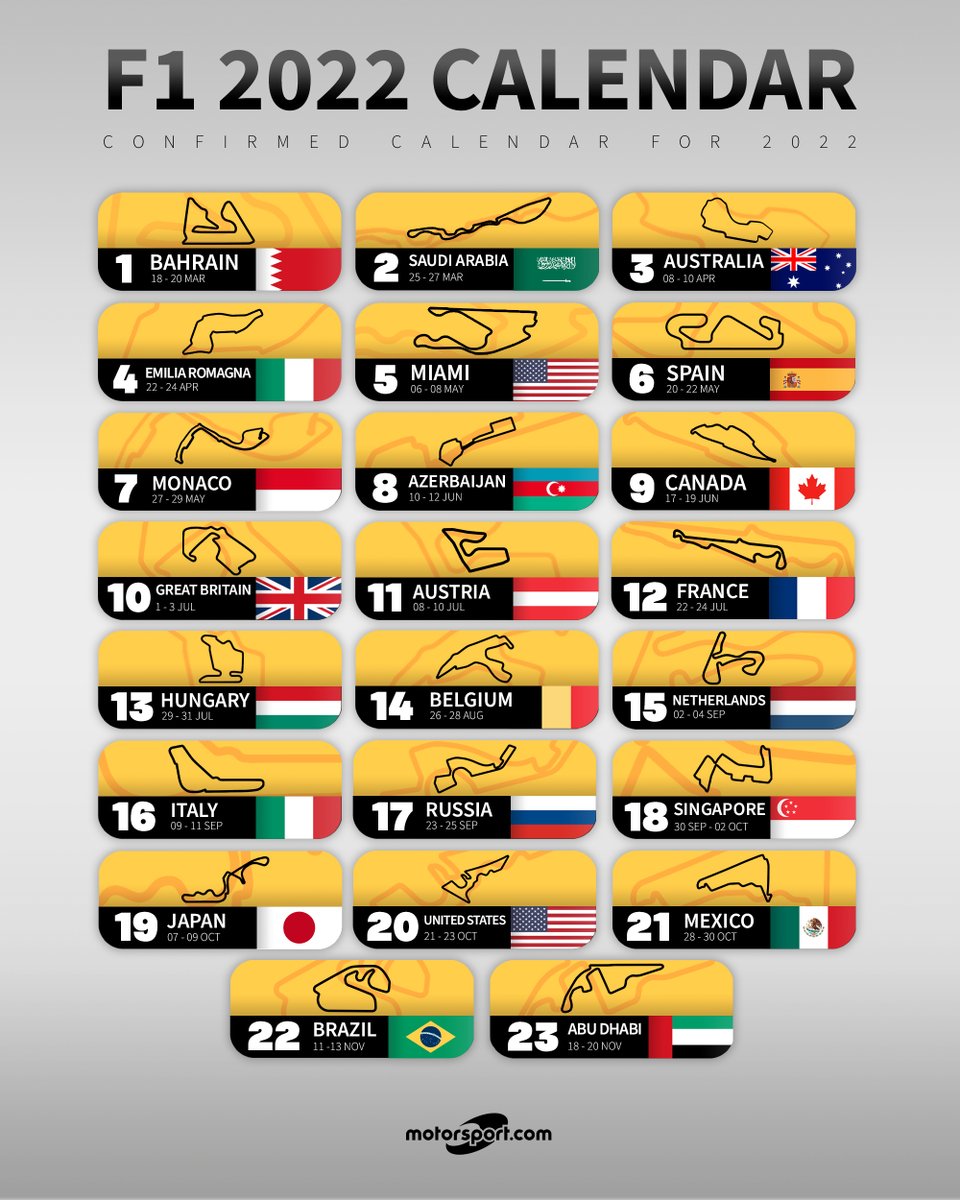 F1 Calendar 2022 Motorsport.com 在Twitter 上："The Confirmed 2022 F1 Calendar 🗓 We'll See A  Record-Breaking 23 Races Next Year 🏁 #F1 #Motorsport  Https://T.co/Srm28Xsi81" / Twitter