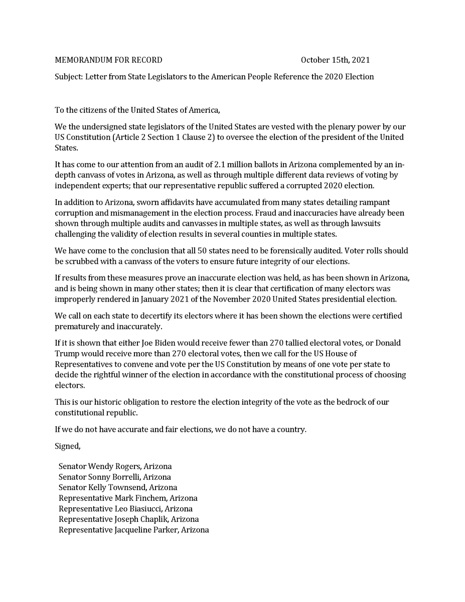 WendyRogersAZ's tweet photo. BREAKING: 138 Legislators from 38 States Write a Letter to the American People Calling for a 50-State Audit, Decertification Where Appropriate, and Possible Convening of the US House of Representatives https://t.co/ksv1OiEW9C