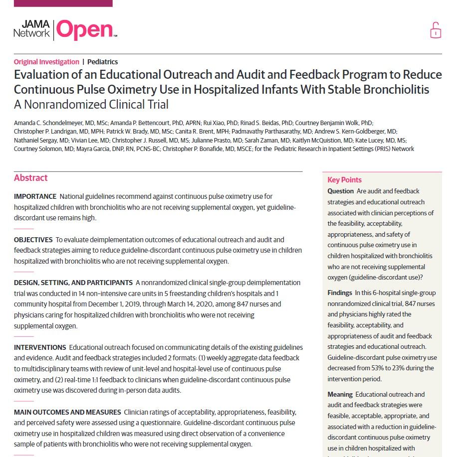 Pediatric Research in Inpatient Settings Network (@prisnetwork) on Twitter photo 1️⃣ Measure pulse ox overuse (buff.ly/3l7fwet)
2️⃣ Qualitative stakeholder interviews (buff.ly/3uwPrZ1)
Now, <a href="/SchondelmeyerMD/">Amanda Schondelmeyer, MD</a>, <a href="/chris_bonafide/">Chris Bonafide, MD, MSCE (he/him)</a> et al demonstrate 2 deimplementation strategies ➡️ feasible + effective.
buff.ly/2WuwNV8
#PRISResearch 1️⃣ Measure pulse ox overuse (buff.ly/3l7fwet)
2️⃣ Qualitative stakeholder interviews (buff.ly/3uwPrZ1)
Now, <a href="/SchondelmeyerMD/">Amanda Schondelmeyer, MD</a>, <a href="/chris_bonafide/">Chris Bonafide, MD, MSCE (he/him)</a> et al demonstrate 2 deimplementation strategies ➡️ feasible + effective.
buff.ly/2WuwNV8
#PRISResearch
