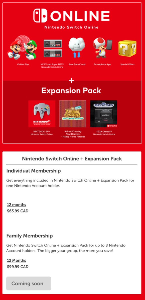 Lbabinz 🇨🇦 on Twitter: "Canadian pricing the Nintendo Switch Online + Expansion Pack - 12 Months - $63.99 - 12 Months Family Membership $99.99 https://t.co/brKCIcr7nH https://t.co/kytUwQic50 https://t.co/Puw39vNuBt" / Twitter