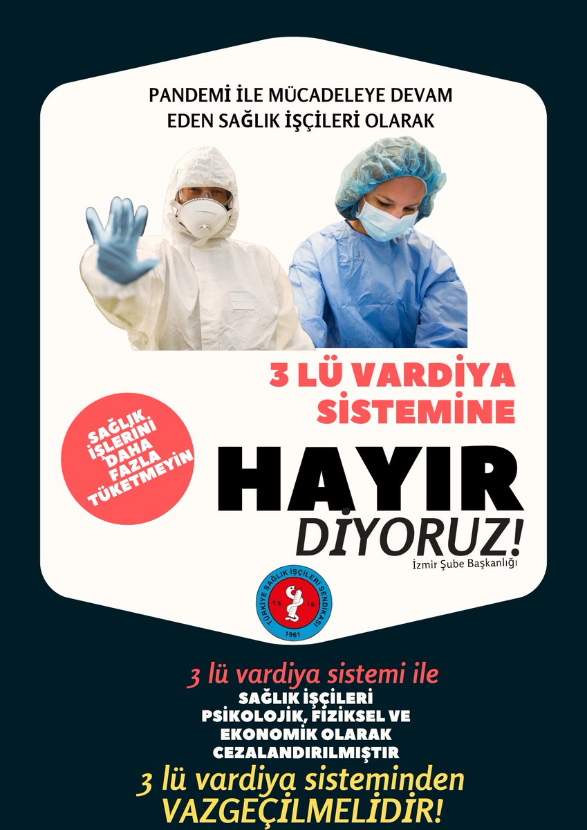 Sağlık işçileri olarak bizlerin çalışma koşullarının göz önünde tutulmadan bir genelge ile uygulamasına geçilen 3 lü vardiya sistemi 175 bin sağlık işçisini mağdur etmiştir. Sağlık Bakanlığının bir an önce bu uygulamadan vazgeçmesi gerekmektedir. 
#sağlıkta3vardiyayahayır