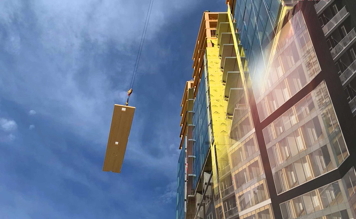 CDSmithInc's tweet photo. A crane lifts CLT 194 feet to the 19th floor & all eyes are on Ascent as we gain altitude building the world's tallest mass timber tower. https://t.co/Cbi6dG39II
#CDSmith #ThinkSafeWorkSafe @NewLandMKE #AscentMKE #MassTimber https://t.co/4ZMIwKRbU2
