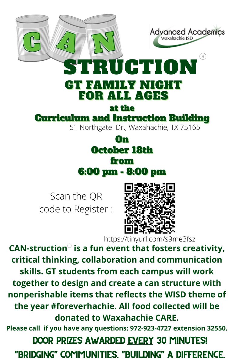 WaxahachieISD's tweet photo. Don't forget to register for the GT event: Can-struction! This event is for all ages and will take place on Monday, Oct. 18, from 6-8 p.m. at the Curriculum and Instruction Building.

Register: https://t.co/ew3h8UnOGh https://t.co/SY3CjDDYvD