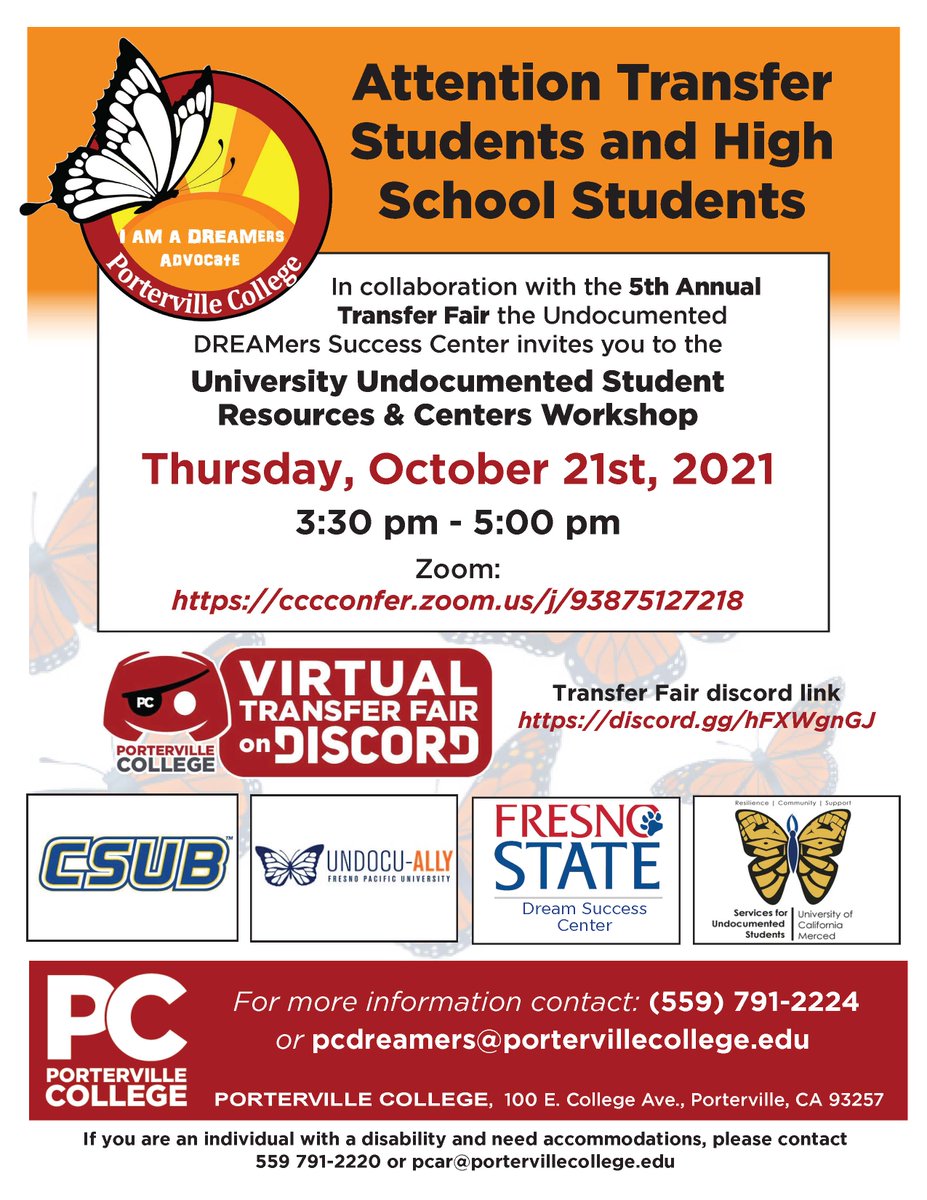PCTransfer's tweet image. PC Education Careers and DREAMers Success Center will each be hosting workshops on Thursday, October 21st. Two of the many workshops being held on the day of the 5th Annual Transfer Fair. Join us!
#PCTransferFair #PConDiscord