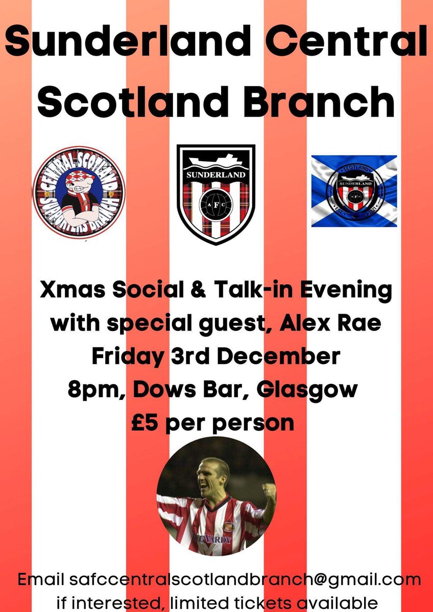 BlcSafc's tweet photo. Fancy a Christmas night out with the @SafcScotland branch  and former @SunderlandAFC player Alex Rae ?? Email ￼the address below ⬇️ https://t.co/KMCMMGLh2a