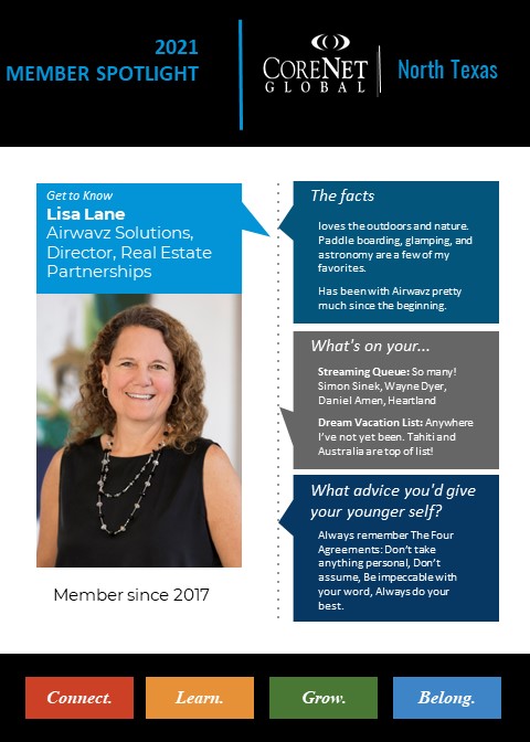 CoreNetNorthTex's tweet image. Lisa Lane is our member spotlight of the week. She has been a @CoreNetNorthTex member since 2017 and helps out by serving on our Technology Committee. We hope you take a moment to get to know Lisa Lane.

#business #leadership #commercialrealestate #aecindustry #memberspotlight