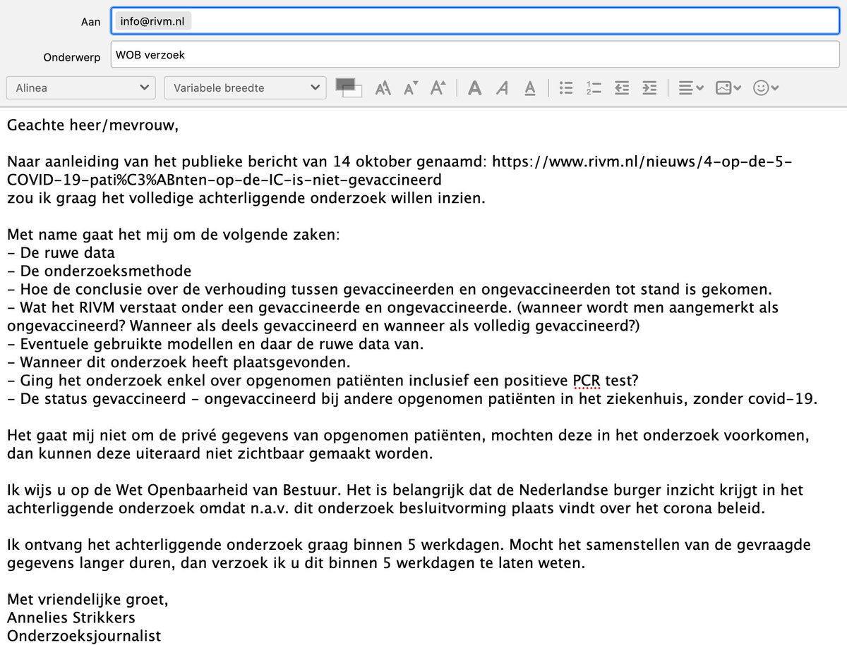 Vandaag een WOB-verzoek ingediend bij het <a href="/rivm/">RIVM</a> over het vrijgeven van het gehele achterliggende onderzoek naar de #vaccinatiestatus van opgenomen patiënten. Ik ben benieuwd. #HugoDeQRankzinnige
