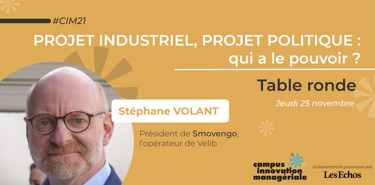 [24h du CIM]

Quand une entreprise est engagée dans des grands projets d’énergie, #mobilités, qui a vraiment le #pouvoir ? 

Pour évoquer cette question, nous aurons le plaisir de recevoir Stéphane Volant et Cécile Arbouille pour le #CIM21

#CampusIm #management #innovation