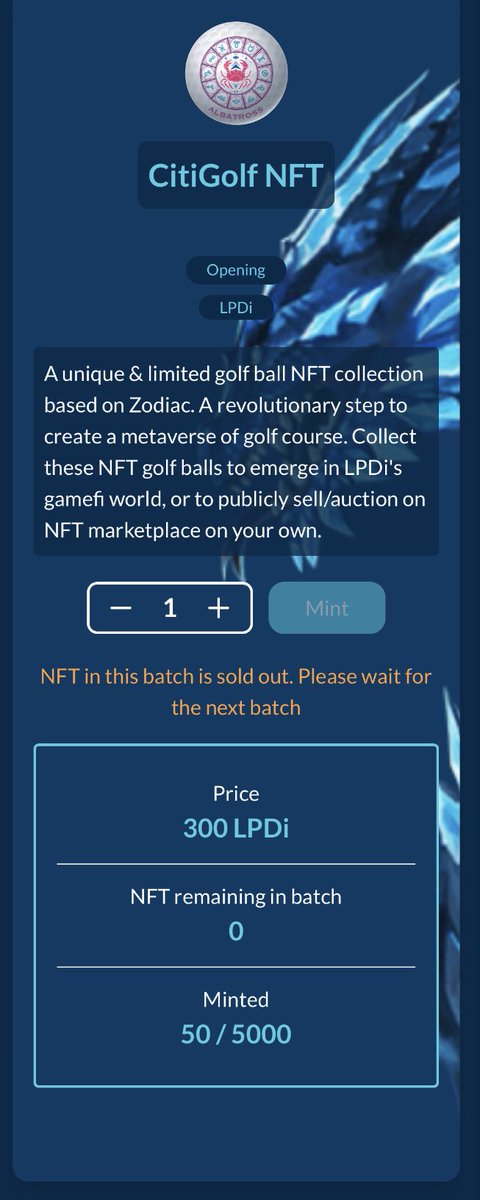 LPDiToken's tweet image. In the first Batch, all golf balls were sold out within 1 minute 🚀🚀🚀 
See you in the next Batch 🏌️
#LPDi #Citigolf #NFTs #Gamefi #BinanceSmartChain #Defily #KardianChain