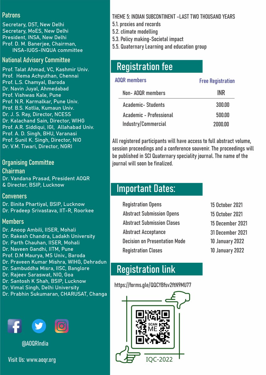 1st Indian Quaternary Congress (IQC-2022) Focal Theme: Integrative Quaternary Sciences for Societal service Dates: 19-21 January 2022 Registration: forms.gle/UjALdzb7FmSPcA… #quaternary #AOQR