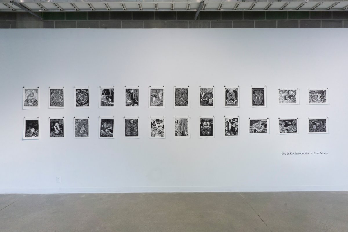 "Hello To Printing" is on view in the #cohencommonsgallery from Oct 11 - 21. The show features linocut prints by 2630A Introduction to Print Media. Book a viewing appointment: buff.ly/3lI3Lv0  Images: Abby Walters, Morea Haloftis, and Kenley Jacobs. #westernucreates