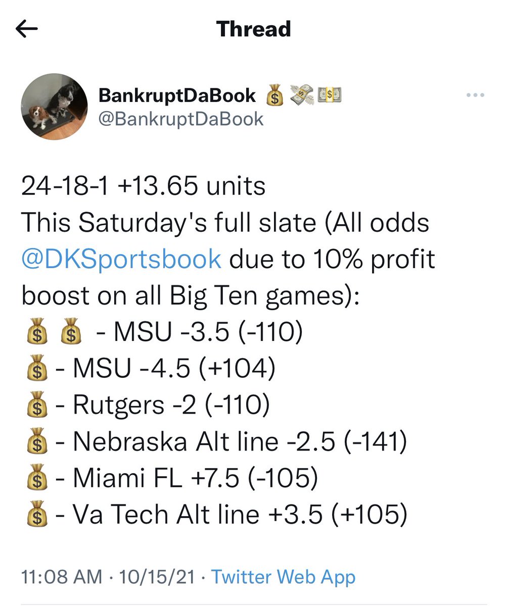 BankruptDaBook's tweet photo. @julianedlow @DKSportsbook There’s a reason I picked 5 games for this Saturday 😏

I took all as listed below in a 50% boosted parlay but taking the favorites as ML and maybe taking some more favorable dog Alt lines could be safer play https://t.co/MTQrx7am3N