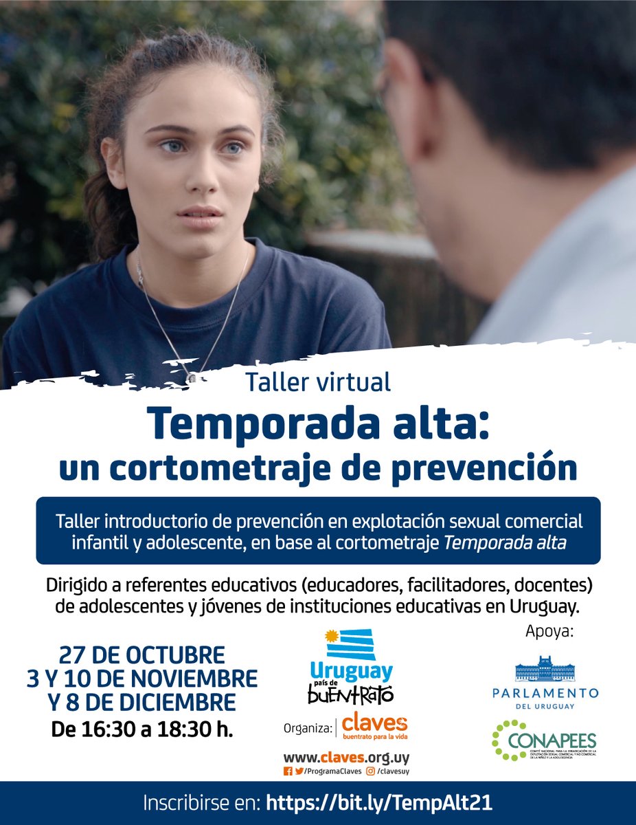 ProgramaClaves's tweet image. Lanzamos un taller dirigido a instituciones y referentes educativos de Uruguay, para trabajar en prevención de la explotación sexual comercial infantil y adolescente en base a nuestro cortometraje "Temporada alta"

Virtual y gratuito

Info e inscripciones: bit.ly/TempAlt2